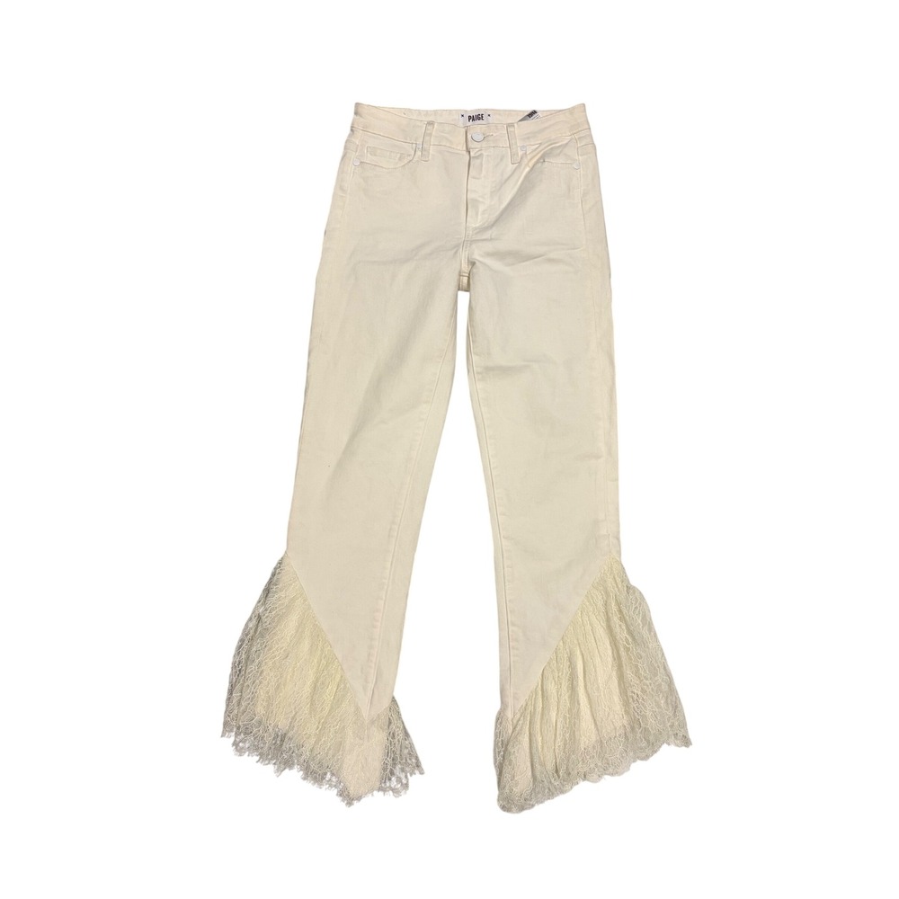 PAIGE Cream Lace Ruffle Hem Flare Cropped Jeans Sz 27 Boho Hippie Romantic